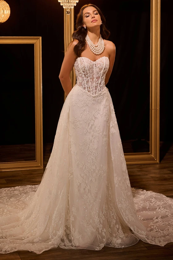Front view of Christina Wu 15958 sheath wedding dress with detachable lace train