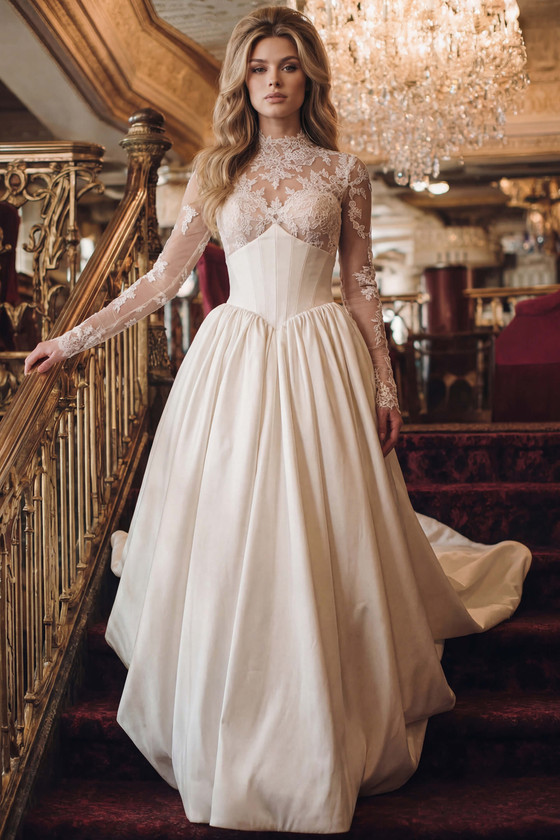 Front view of Randy Fenoli Kaitlan A-line wedding dress with illusion lace neckline