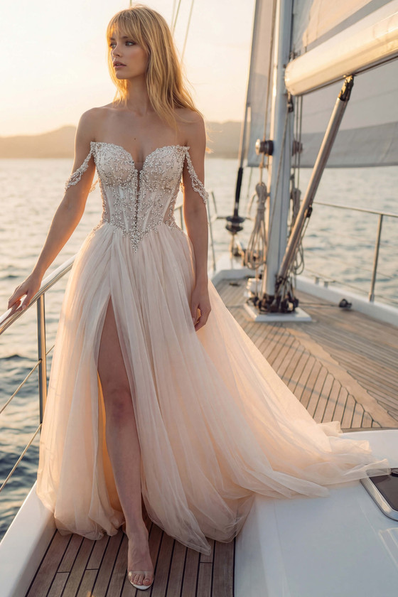 Front view of Randy Fenoli Kartier A-line wedding dress with cat-eye neckline and high slit
