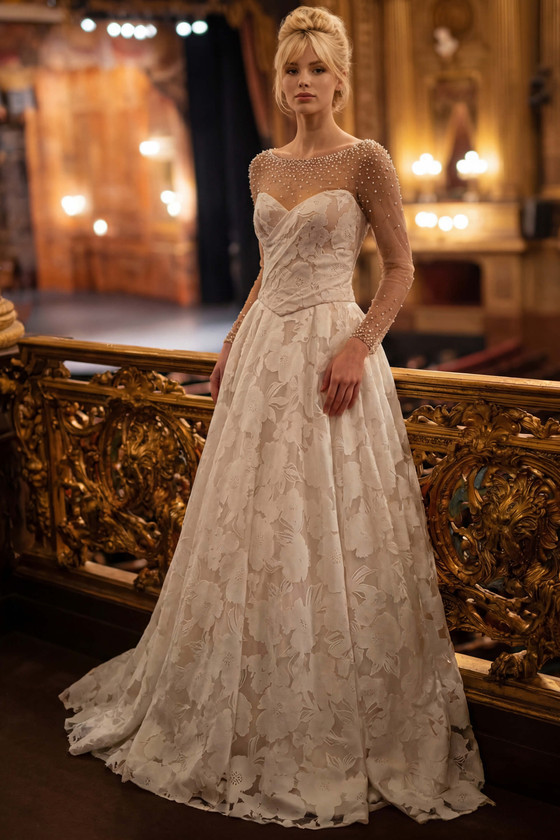 Front view of Randy Fenoli Krystal pearl bridal bodysuit under a wedding gown