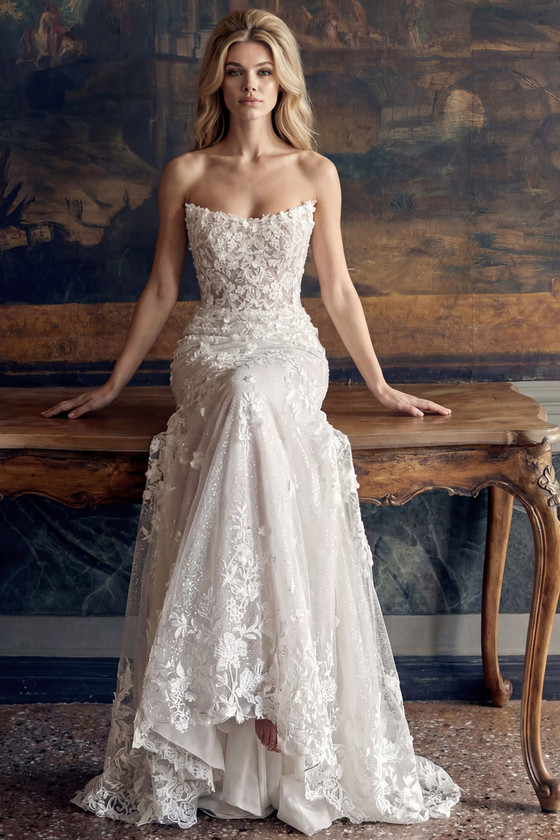 Front view of Randy Fenoli Laila lace fit-and-flare wedding dress with cat-eye neckline