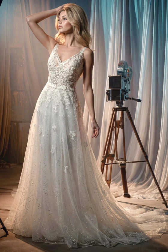 Front view of Randy Fenoli Laken glitter tulle A-line wedding dress