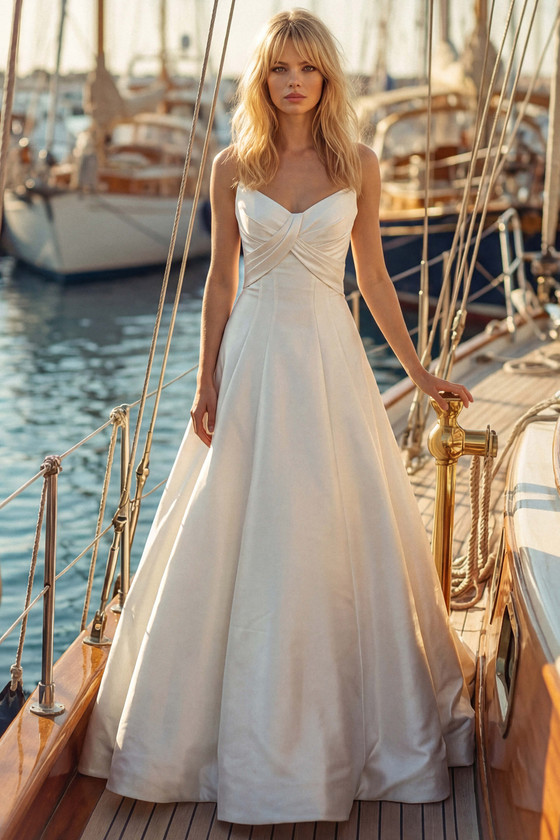 Front view of Randy Fenoli Linda satin A-line wedding dress