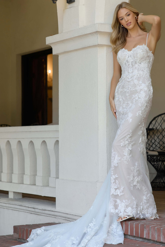 Front view of Essense of Australia D4344 lace fit-and-flare wedding dress