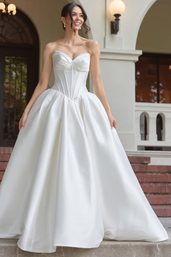Front view of Essense of Australia D4410 strapless Mikado ball gown wedding dress
