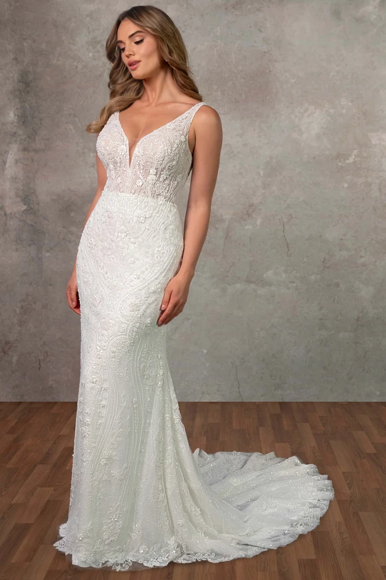 Front view of Essense of Australia D4448 beaded sheath wedding dress