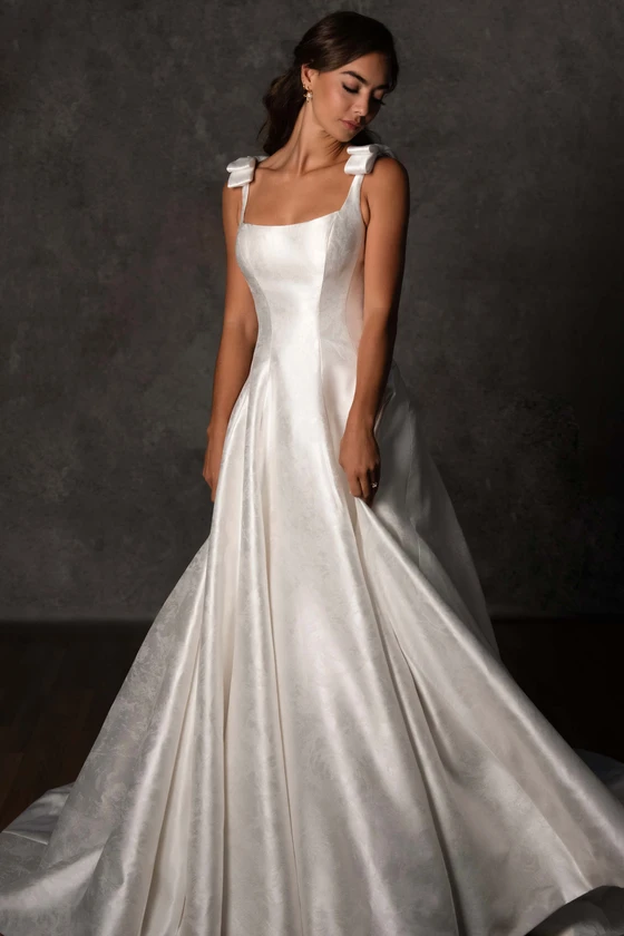 Front view of Essense of Australia D4450 satin jacquard A-line wedding dress