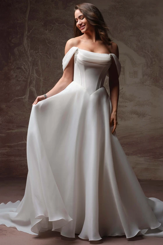 Front view of Maggie Sottero Abilene organza A-line wedding dress with off-the-shoulder sleeves