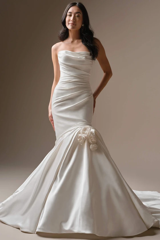 Front view of Maggie Sottero Emelina strapless satin mermaid wedding dress with 3D flowers