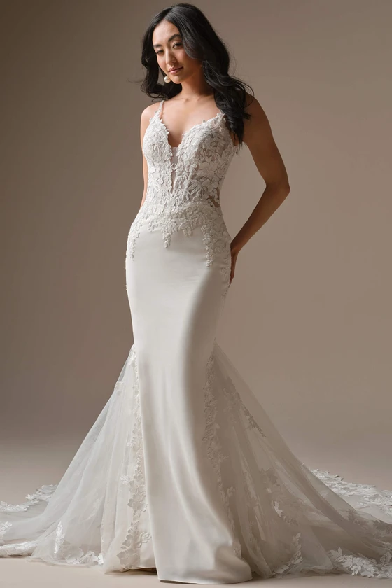 Front view of Maggie Sottero Noelle crepe and lace sheath wedding dress