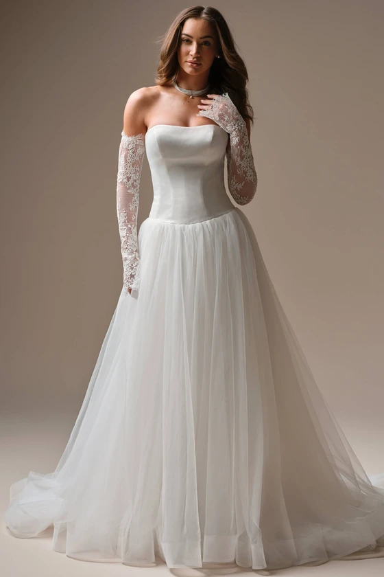 Front view of Maggie Sottero Shirley A-line wedding dress with lace sleeves