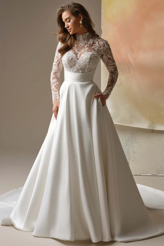 Front view of Maggie Sottero Trinity long sleeve A-line wedding dress