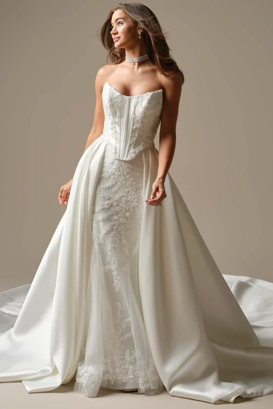 Front view of Maggie Sottero Wyntelle lace fit and flare wedding dress