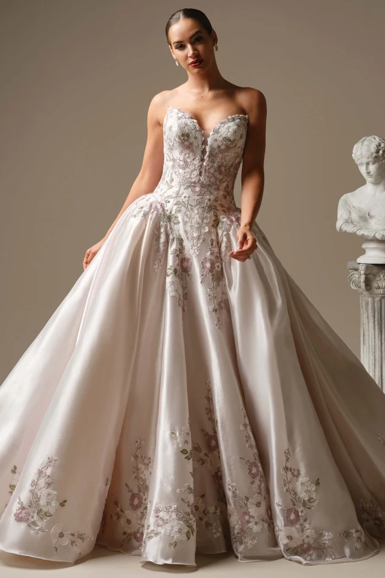 Front view of Sottero and Midgley Alvarez floral lace ball gown wedding dress in multi pink champagne