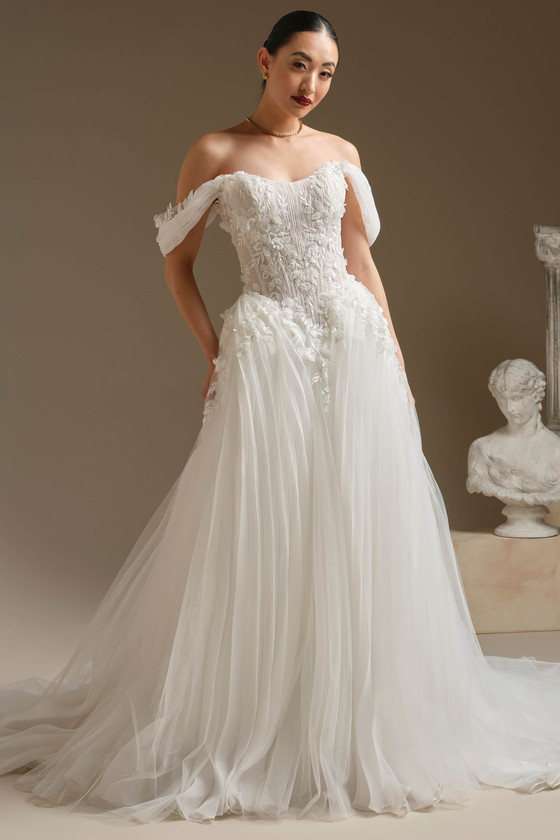 Front view of Sottero and Midgley Jayna 3D floral ball gown with off-the-shoulder sleeves