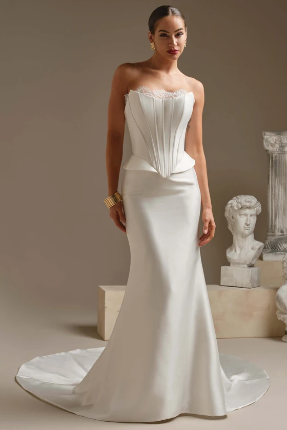 Front view of Sottero and Midgley Lassen Marie two-piece Mikado wedding dress