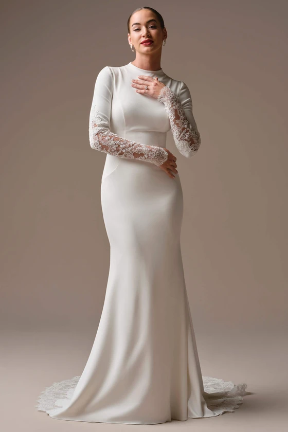 Front view of Sottero and Midgley Lovai high neck sheath wedding dress
