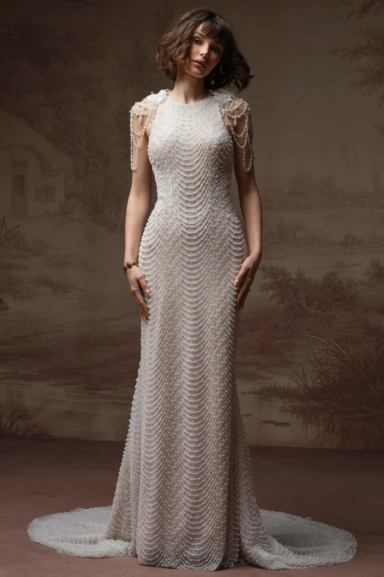 Front view of Sottero and Midgley Oleta beaded tulle sheath wedding dress