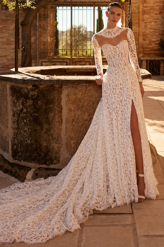 Front view of Pronovias Augery lace wedding dress with detachable yoke