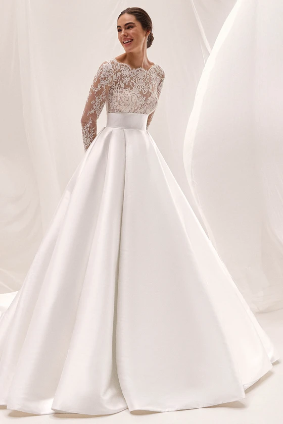 Front view of Pronovias Celmina lace and Mikado wedding dress