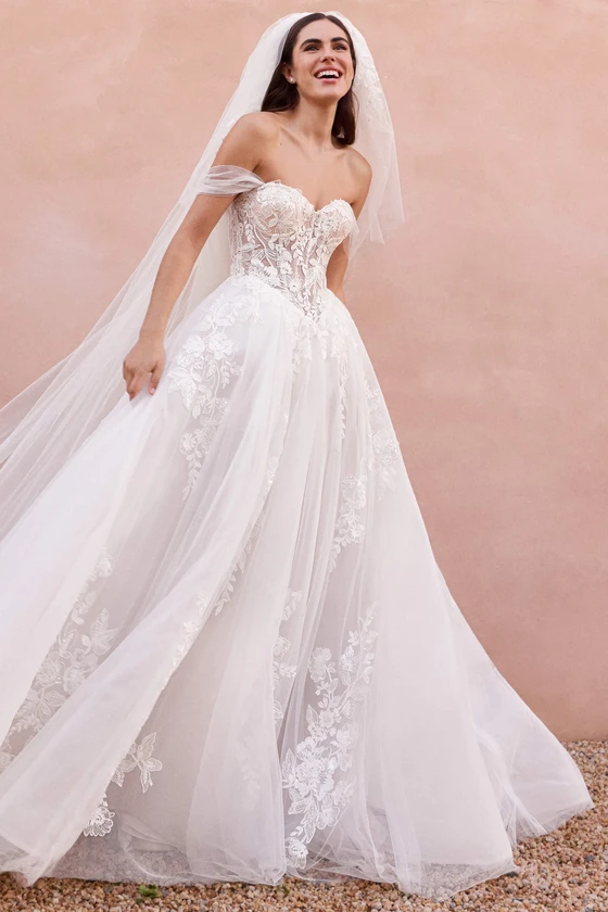 Front view of Pronovias Craly lace ball gown wedding dress