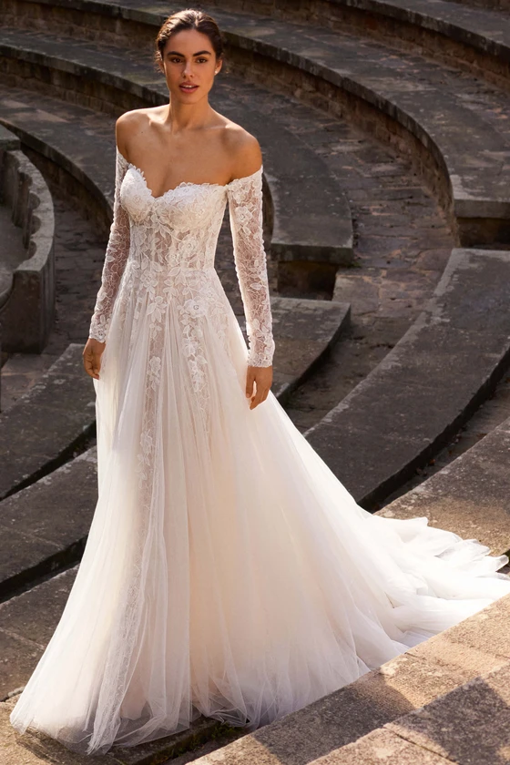Front view of Pronovias Daphe lace A-line wedding dress