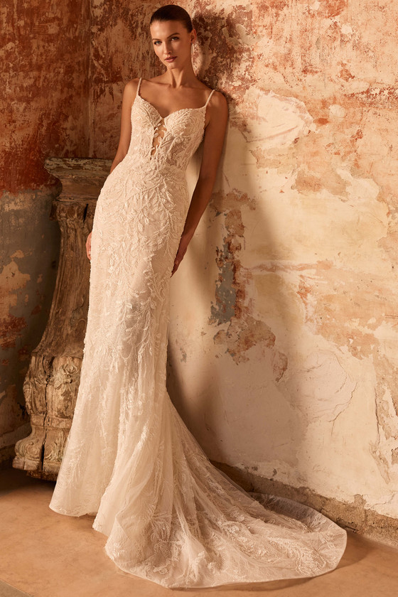 Front view of Pronovias Deora beaded lace wedding dress