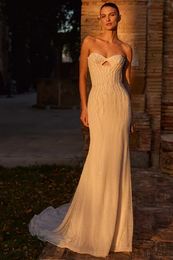 Front view of Pronovias Gloomey pearl beaded fitted wedding dress