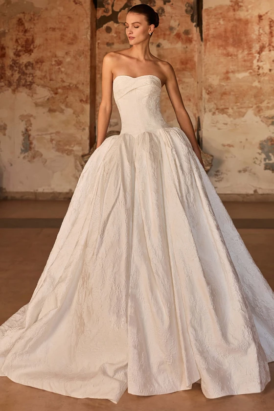 Front view of Pronovias Lington jacquard ball gown wedding dress