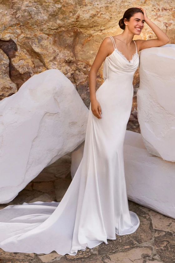 Front view of Pronovias Lodea sheath charmeuse wedding dress