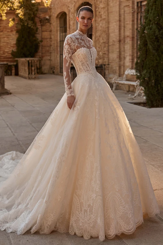Front view of Pronovias Zarland straight neckline ball gown wedding dress