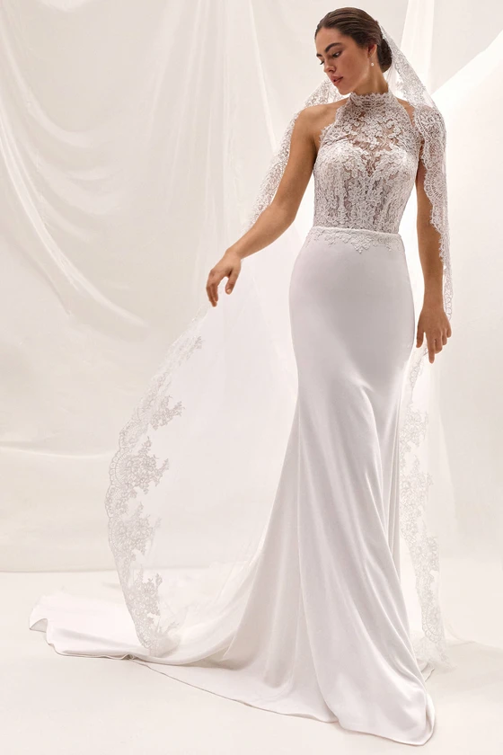 Front view of Zevia crepe dress showing illusion lace halter bodice