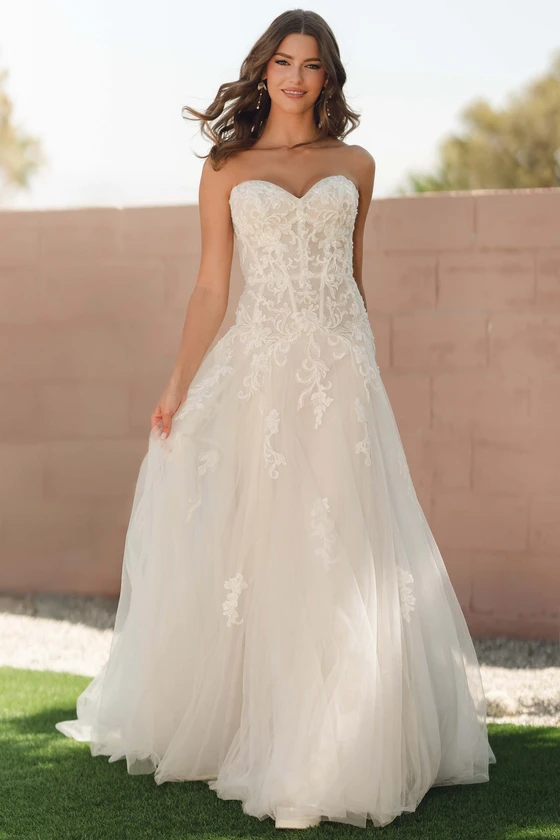 Stella York SY8205 glitter tulle A-line wedding dress with strapless sweetheart neckline and sequin lace