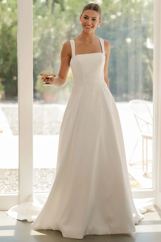 Stella York SY8217 Mikado A-line wedding dress with detachable straps and square neckline