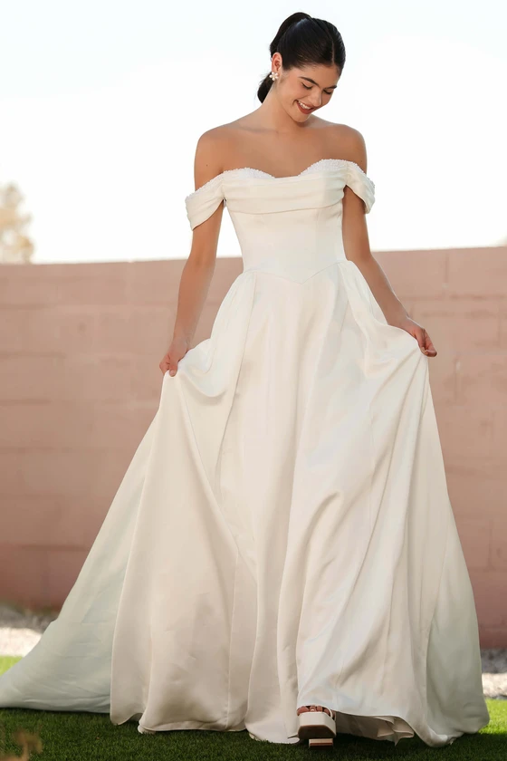 Stella York SY8236 satin A-line wedding dress with off-the-shoulder straps and pearl sweetheart neckline