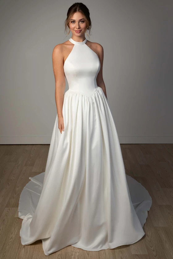 Front view of Stella York SY8273 halter neck satin A-line wedding dress