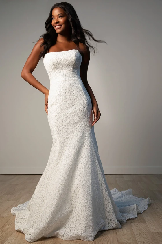 Front view of Stella York SY8306 strapless lace fit-and-flare wedding dress