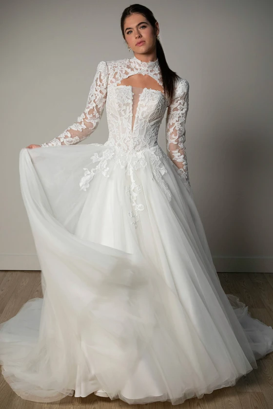 Front view of Stella York SY8324 with long-sleeve lace topper