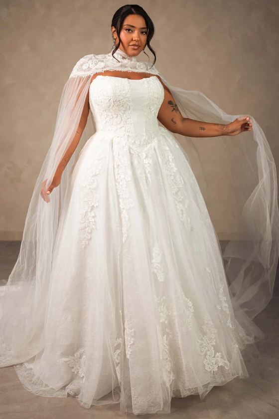 Front view of Essense of Australia D4553 plus size wedding dress with high-neck cape