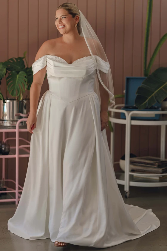 Front view of Stella York SY8236 plus size satin wedding dress