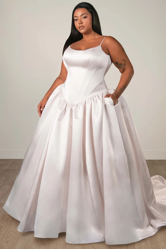 Front view of Stella York SY8334 plus size satin ball gown wedding dress
