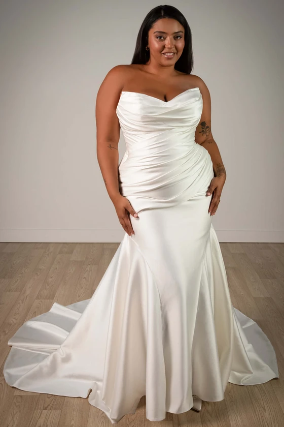 Front view of Stella York SY8346 plus size Mikado fit-and-flare wedding dress
