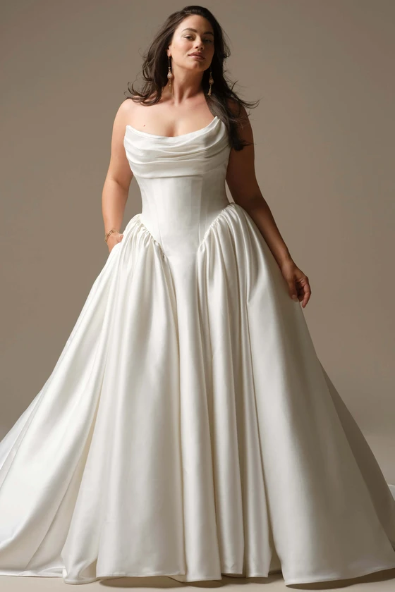 Front view of Maggie Sottero Hudson plus size draped wedding dress
