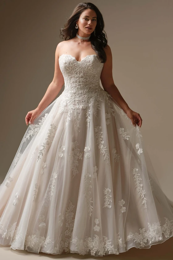 Front view of Maggie Sottero Jennifer plus size lace wedding dress