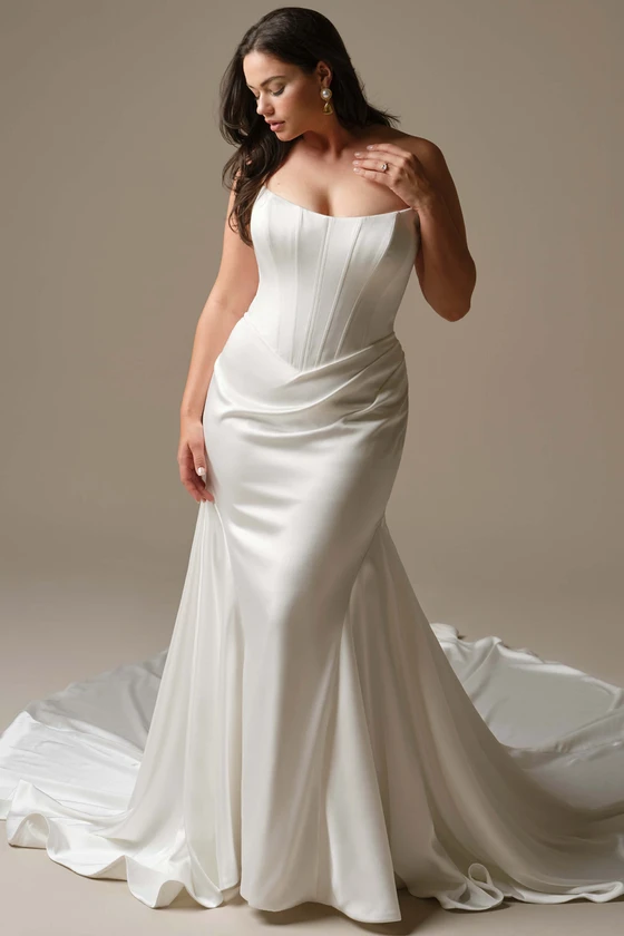 Front view of Maggie Sottero Sinclaire plus size satin wedding dress