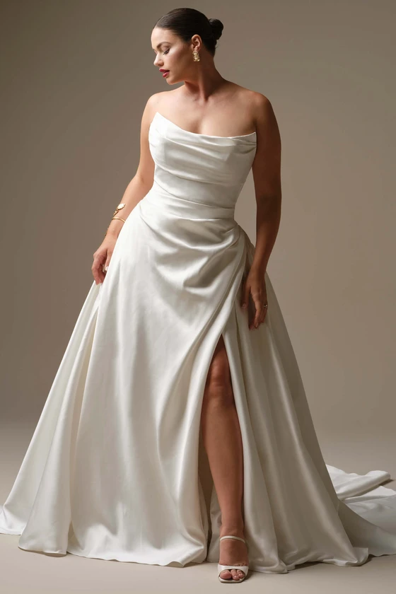 Front view of Sottero and Midgley Kincaid plus size satin wedding dress