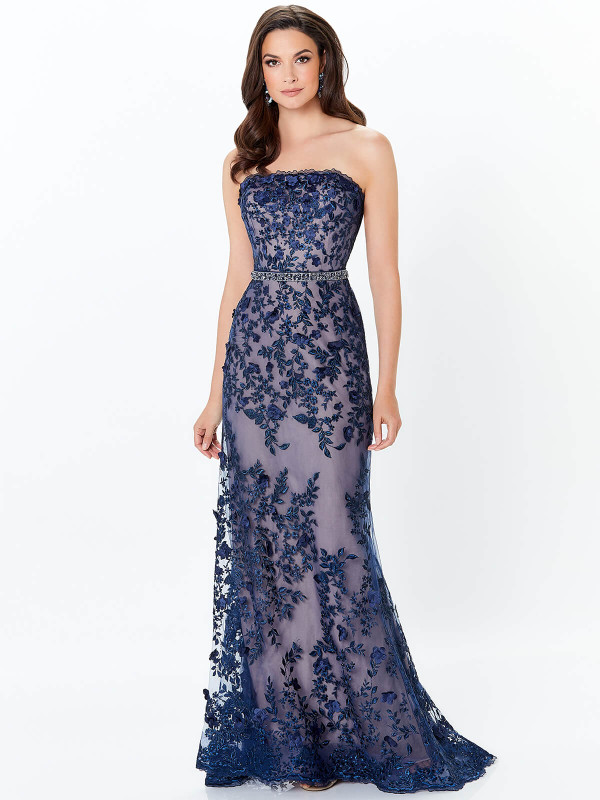 Front view of Montage 118961 navy blue and nude metallic lace mother of the bride dress