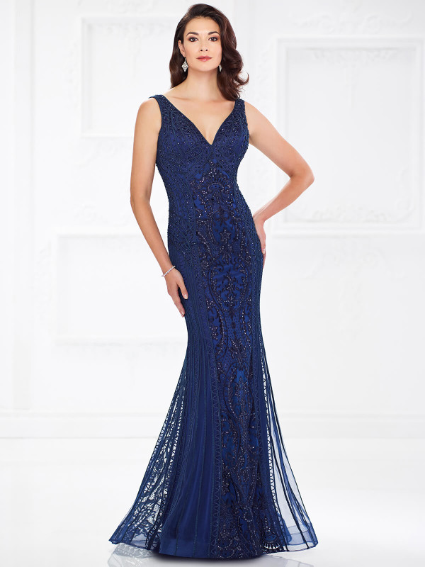 Front view of Montage 118975 navy blue metallic lace mother of the bride dress