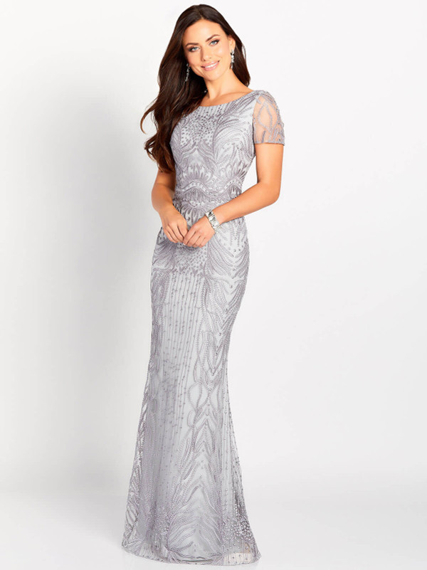 Silver beaded gown with short detachable illusion sleeves and sheer embellished overlay