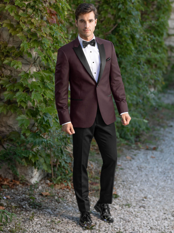 burgundy ultra slim coat with black satin lapel burgundy ultra slim coat with black satin lapel